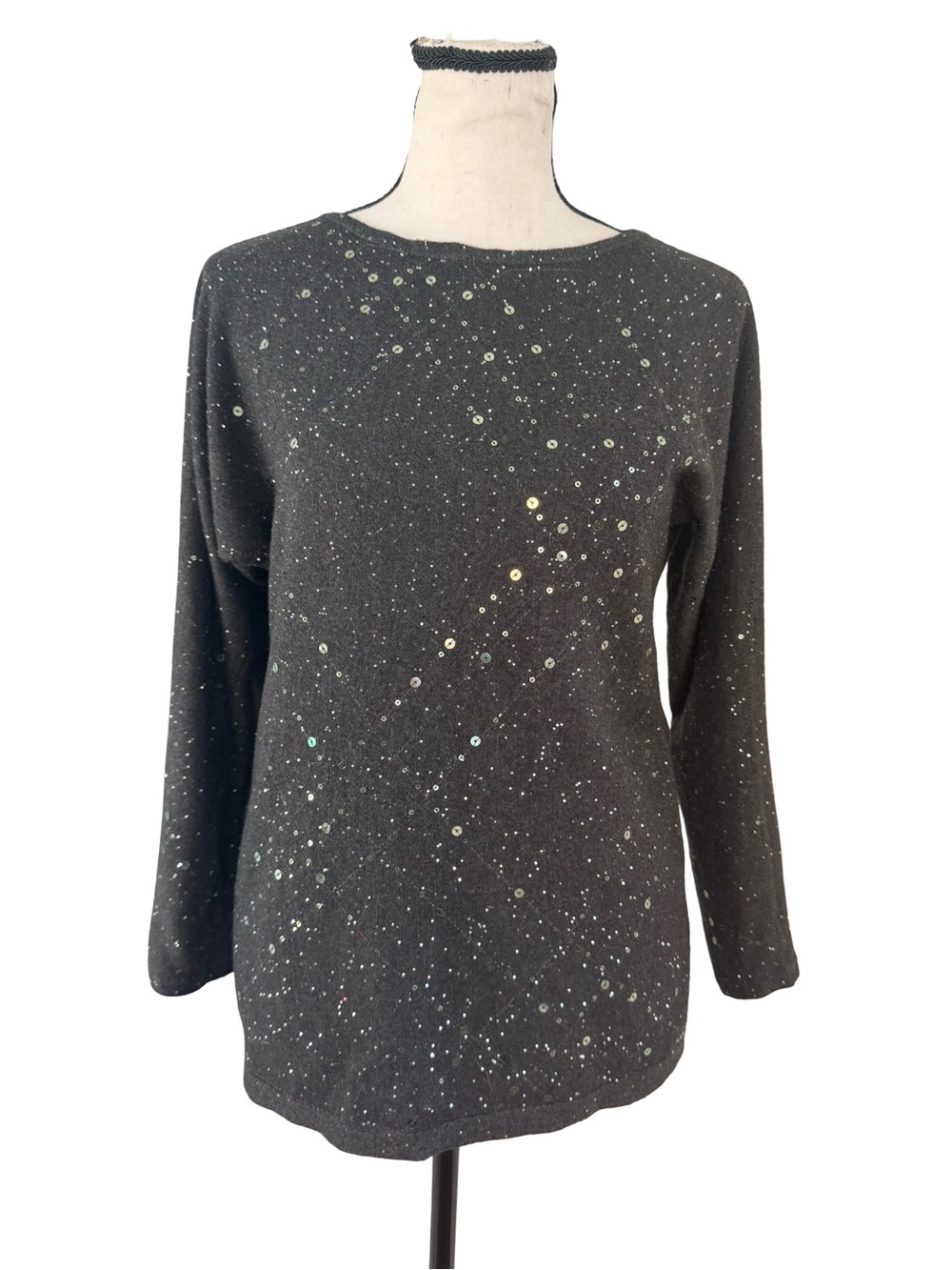 Chico’s Size 0 Black Sequin Sweater Top Sparkle Embellished Long Sleeve